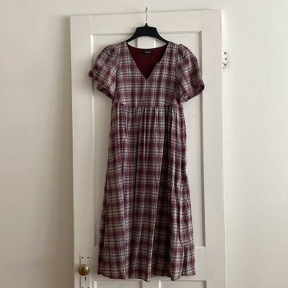 Madewell Plaid Midi Dress in Burgundy and Cream - Picture 4 of 5